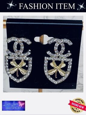A-1-DC-38: EARRINGS: Golden CC & Four-Leaf Clover w/Luminous Rhinestones, NWOT